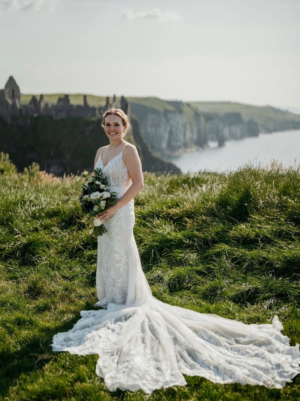 Lace V-Neck Wedding Gown with Cathedral Train - White
